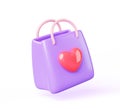 Purple paper shopping bag with red heart 3d render icon. Love packet for gift delivery, present carry box template Royalty Free Stock Photo