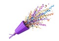 Purple party popper exploding with confetti isolated on white background Royalty Free Stock Photo