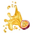 Purple passion fruit and splash juice watercolor illustration isolated on white background. Royalty Free Stock Photo