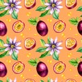 Purple passion fruit and splash juice watercolor seamless pattern isolated on coral.