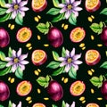 Purple passion fruit and splash juice watercolor seamless pattern isolated on dark.