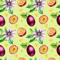 Purple passion fruit and splash juice watercolor seamless pattern isolated on green.
