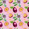 Purple passion fruit and splash juice watercolor seamless pattern isolated on pink.