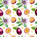 Purple passion fruit and splash juice watercolor seamless pattern isolated on white.