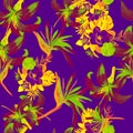 Purple Pattern Art. Lavender Seamless Foliage. Yellow Tropical Nature. Violet Flower Illustration. Plum Decoration Painting.