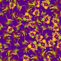 Purple Pattern Art. Yellow Seamless Plant. Violet Tropical Vintage. Lavender Flower Foliage. Plum Decoration Art. Spring Exotic. Royalty Free Stock Photo