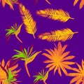 Purple Pattern Botanical. Lavender Seamless Illustration. Golden Tropical Background. Yellow Isolated Hibiscus. Violet Drawing