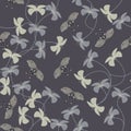 Purple pattern with flowers and cute butterflies silhouette.