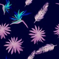 Purple Pattern Leaf. Indigo Seamless Art. Cobalt Tropical Plant. Blue Isolated Background. Violet Drawing Exotic.