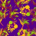 Purple Pattern Painting. Plum Seamless Design. Yellow Tropical Exotic. Lavender Flower Nature. Violet Decoration Art. Royalty Free Stock Photo