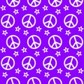 Purple peace sign pattern with stars. Seamless hippie vector background. Bright peaceful abstract feminine wallpaper. Royalty Free Stock Photo