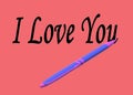 A purple pen writing the words I Love You against a light red maroon backdrop Royalty Free Stock Photo