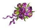 Purple peony tulip flowers in a festive round bouquet with satin ribbons isolated on white