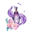 Purple perfume bottle with flower watercolor illustration isolated.