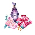Purple perfume bottle with gift watercolor illustration isolated.