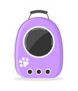 Purple pet carrier backpack with a transparent window on a white background. Vector flat illustration