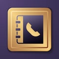 Purple Phone book icon isolated on purple background. Address book. Telephone directory. Gold square button. Vector