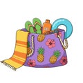 Purple Pineapple Beach Bag with Summer Essentials Royalty Free Stock Photo