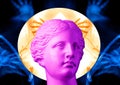 Purple pink antique bust on a modern conceptual art background with hands. Contemporary art collage.