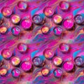 Purple, pink and blue liquid ink with realistic bubbles in slow blending flow mixing together. AI generative illustration Royalty Free Stock Photo