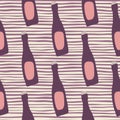 Purple and pink bottle silhouettes seamless pattern. Alcohol print on stripped background