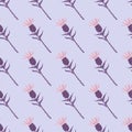 Purple and pink colored burdock flowers seamless pattern. Blue background. Spring creative print