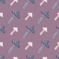 Purple and pink colored mushroom print seamless pattern with fly agarics. Creative forest artwork. Royalty Free Stock Photo