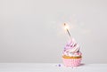 Purple and pink cupcake with sprinkles and lit sparkler on a white grey background. Royalty Free Stock Photo