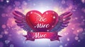 Purple and pink gradient with white stars and a red heart with wings that say Be Mine. Royalty Free Stock Photo