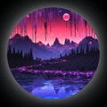 a purple and pink night sky with mountains and water