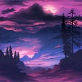 a purple and pink night sky with trees and mountains