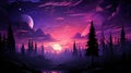 A purple and pink night sky with trees and a river, AI