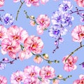 Purple and pink orchid flowers on bright blue background. Seamless floral pattern. Watercolor painting. Hand drawn illustration. Royalty Free Stock Photo