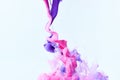 Purple and pink paints splash curves in water on white. Acrylic paint drop background Royalty Free Stock Photo