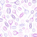 Purple and pink seamless pattern with lollipop and candy sketches. Repetitive party background with delicious sweets