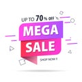 Purple pink tag Mega sale 70 percent off promotion website banner heading design on graphic white background vector for banner or Royalty Free Stock Photo