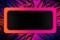 a purple and pink zebra print background with a black square