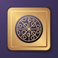 Purple Pizza icon isolated on purple background. Fast food menu. Gold square button. Vector