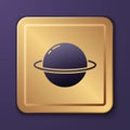 Purple Planet Saturn with planetary ring system icon isolated on purple background. Gold square button. Vector