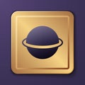 Purple Planet Saturn with planetary ring system icon isolated on purple background. Gold square button. Vector