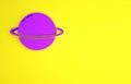 Purple Planet Saturn with planetary ring system icon isolated on yellow background. Minimalism concept. 3d illustration