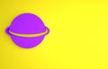 Purple Planet Saturn with planetary ring system icon isolated on yellow background. Minimalism concept. 3D render