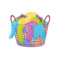 Purple basket with handles full of dirty laundry. Socks, t-shirts and sweaters for washing. Flat vector icon Royalty Free Stock Photo