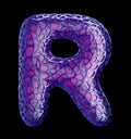 Purple plastic letter R with abstract holes. 3d