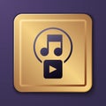 Purple Play in square icon isolated on purple background. Gold square button. Vector Royalty Free Stock Photo