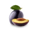 Plum with half and leaves Royalty Free Stock Photo