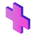 Purple plus sign icon, isometric style