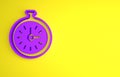 Purple Pocket watch icon isolated on yellow background. Minimalism concept. 3D render illustration