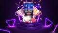 Purple podium with neon ring on background, smartphone, champion cups, falling gold coins and sport balls.