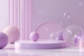 Purple Podium Stage with Soap Bubbles , Aesthetic Product Showcase